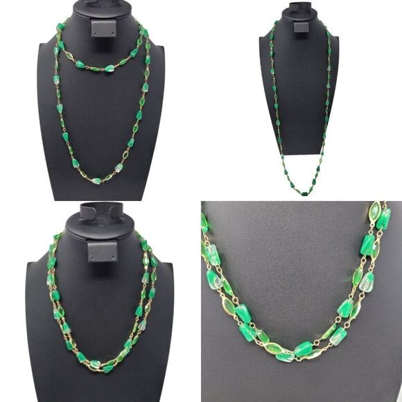 Vintage Flapper Necklace Gold Tone Resin Green Beaded Versatile 45" Delicate - Picture 1 of 14